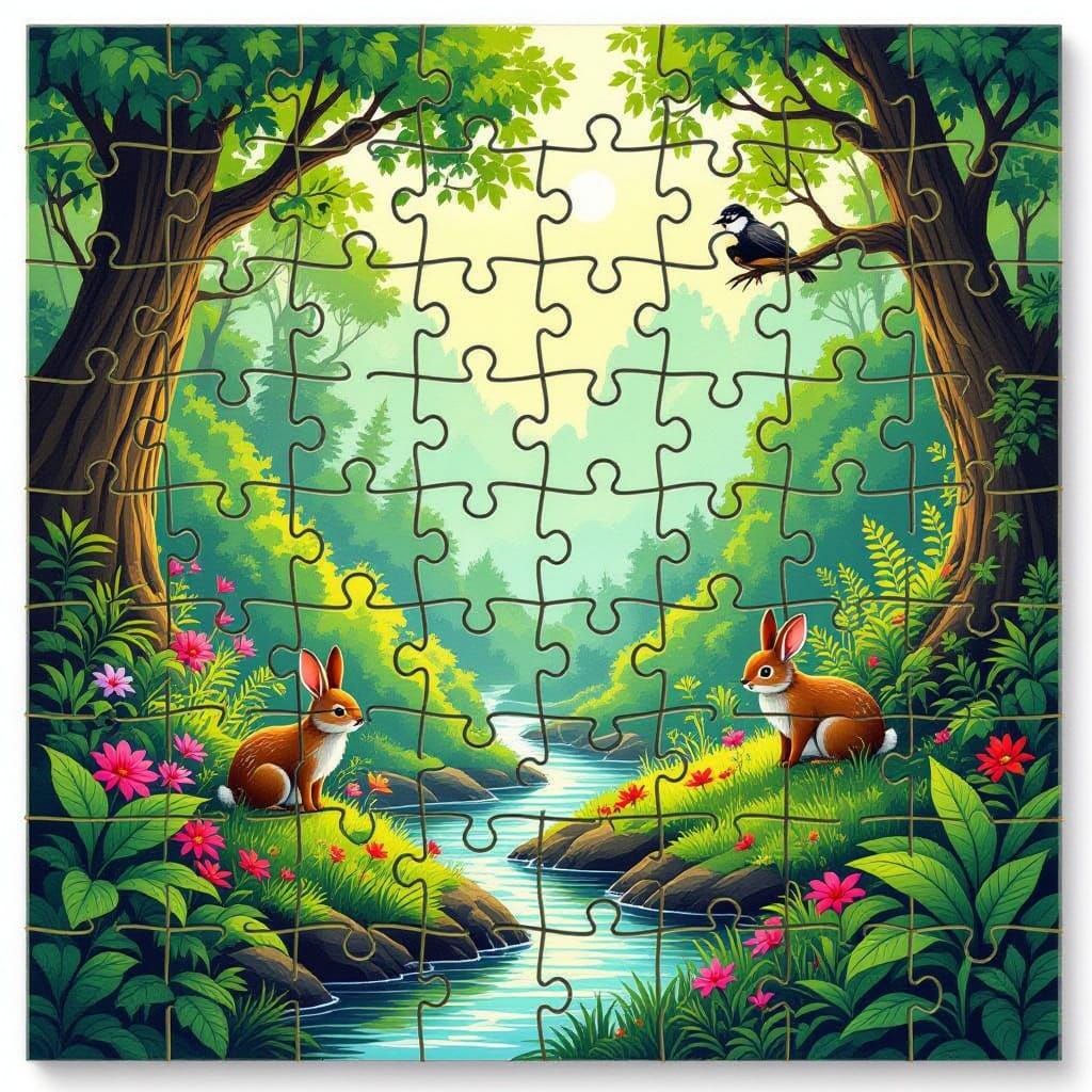 Whimsical Jigsaw Ecosystem with Missing Mosaic Piece