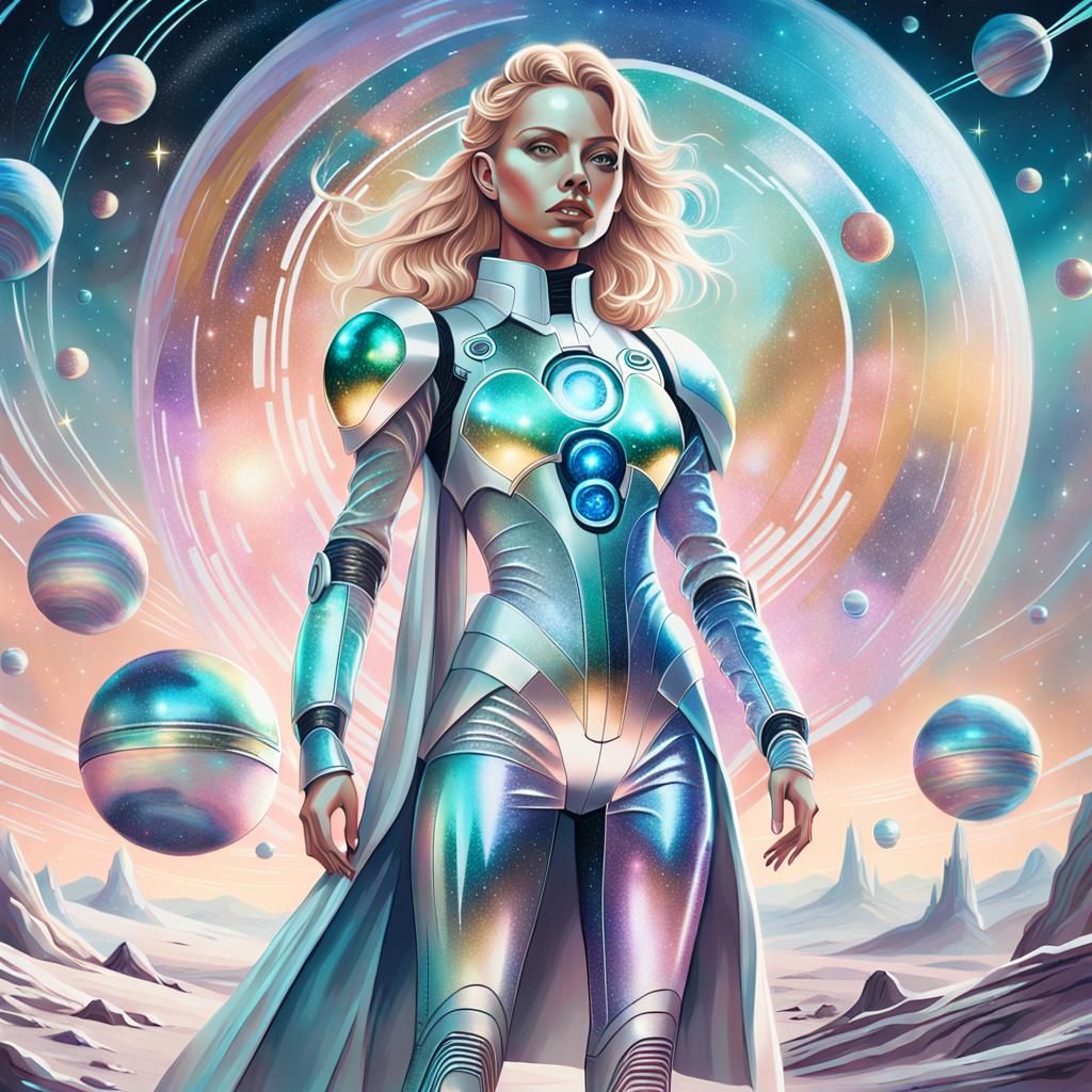 Futuristic Woman in Sci-Fi Outfit with Planets