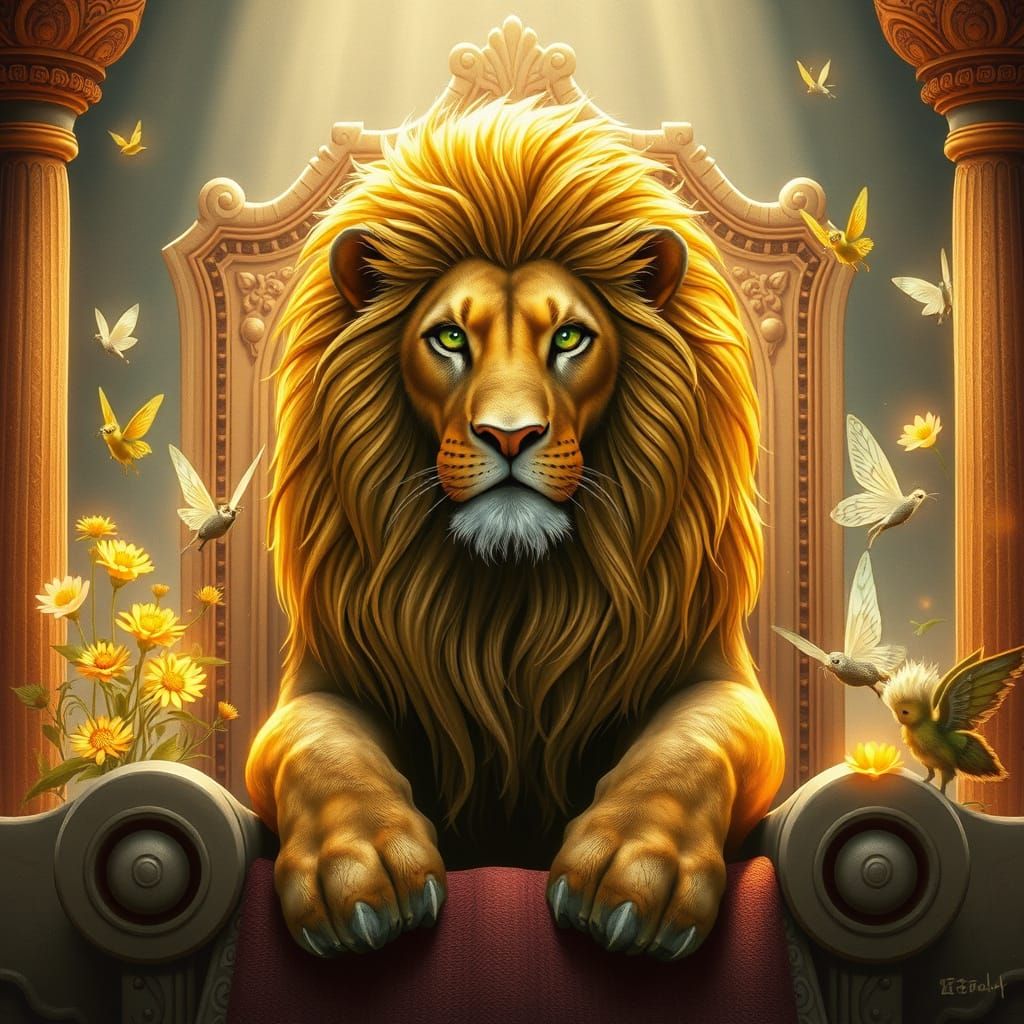 Golden-Maned Lion King on Ivory Throne