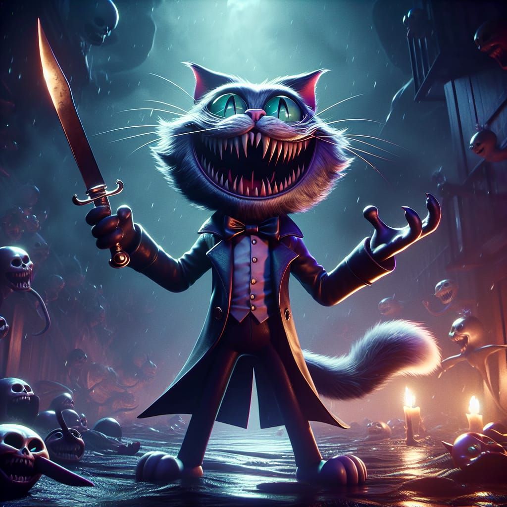 Evil Cartoon Cat with Switchblade in Dark Matte Painting