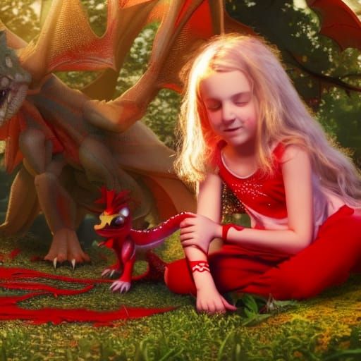 Girl and Dragon in Hyperdetailed Dark Fantasy Art