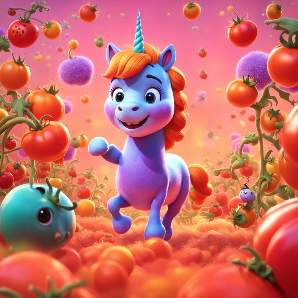 Orange Unicorn in Tomato Garden: 3D Digital Art