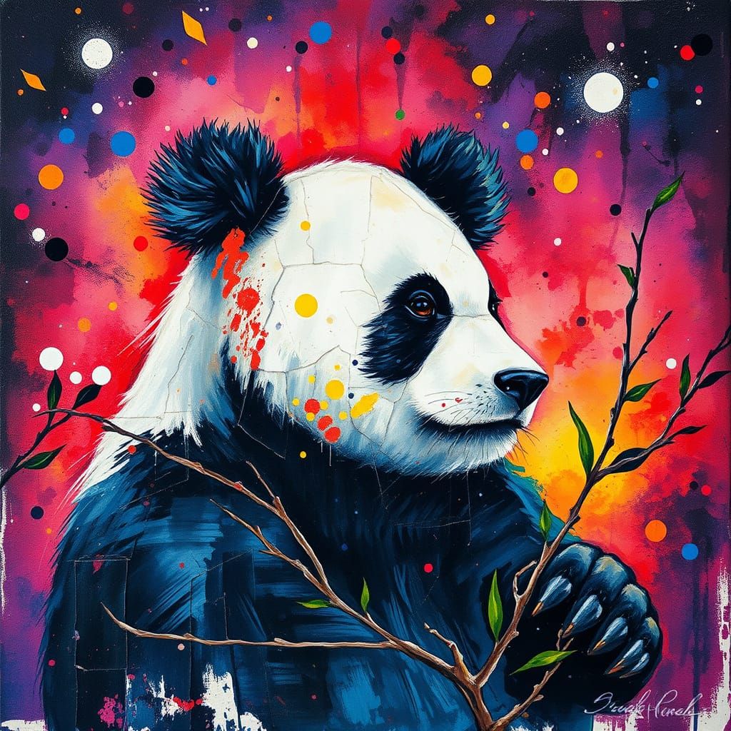 Colorful Vintage-Style Panda Bear in Oil Painting