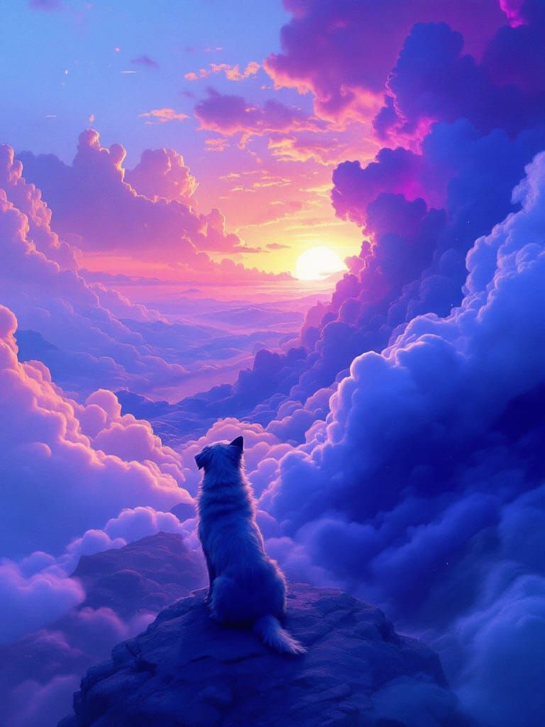 Dog on Peak Under Purple Clouds at Sunset