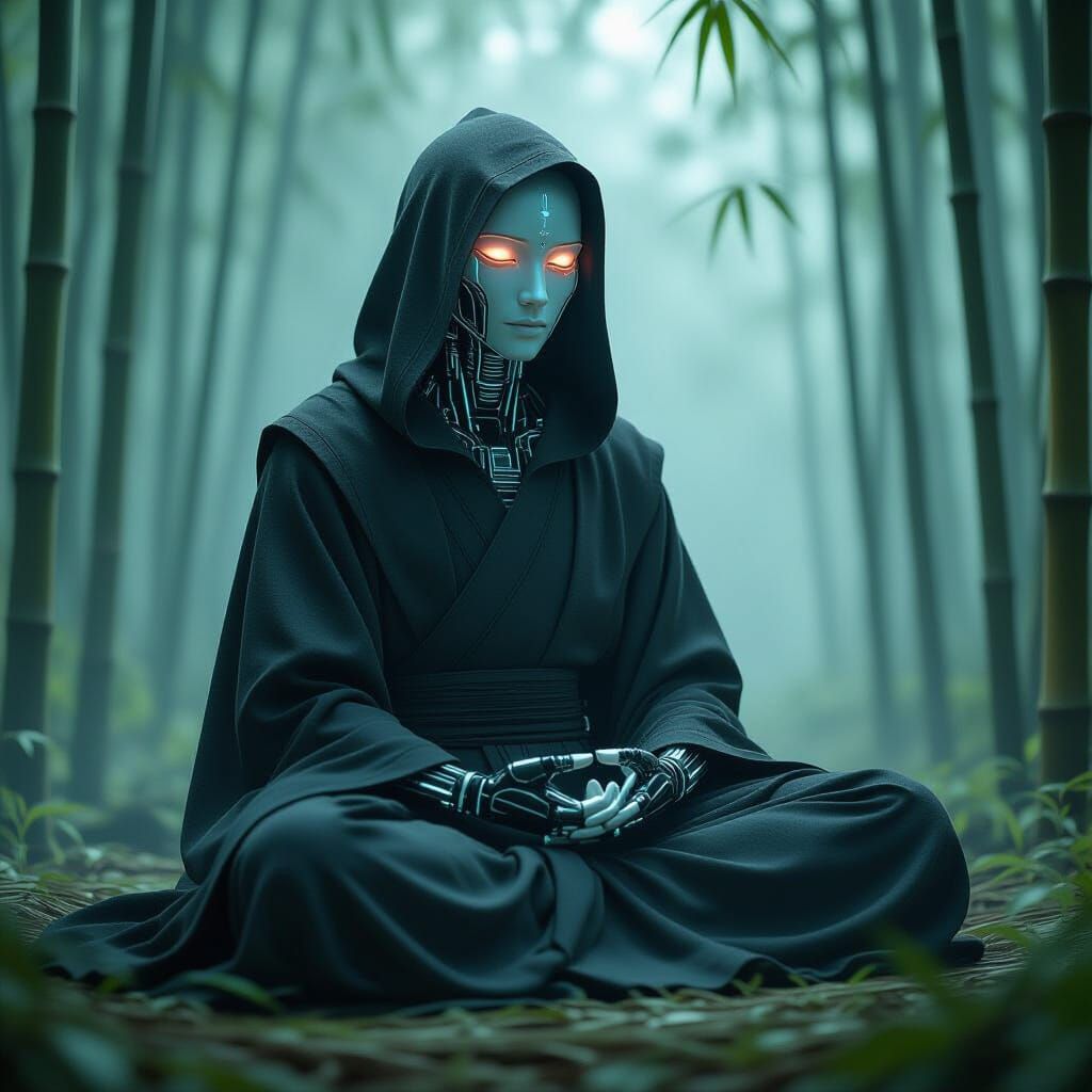 Android Monk Meditates in Misty Bamboo Forest