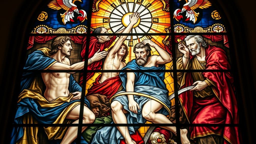 Creation of Adam in Stained Glass, Hyperrealistic Style