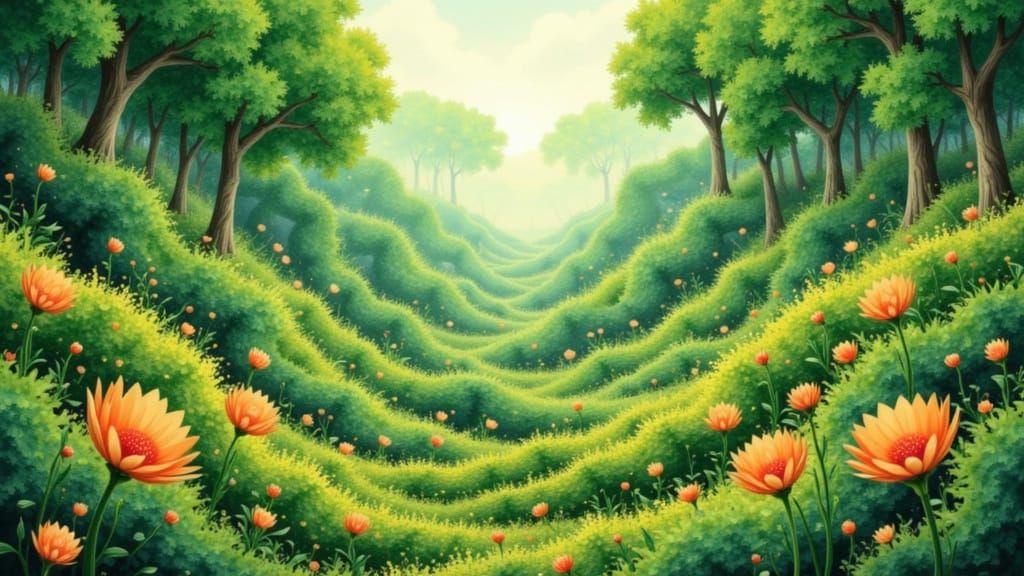 Art Nouveau Landscape with Flowing Botanical Motifs