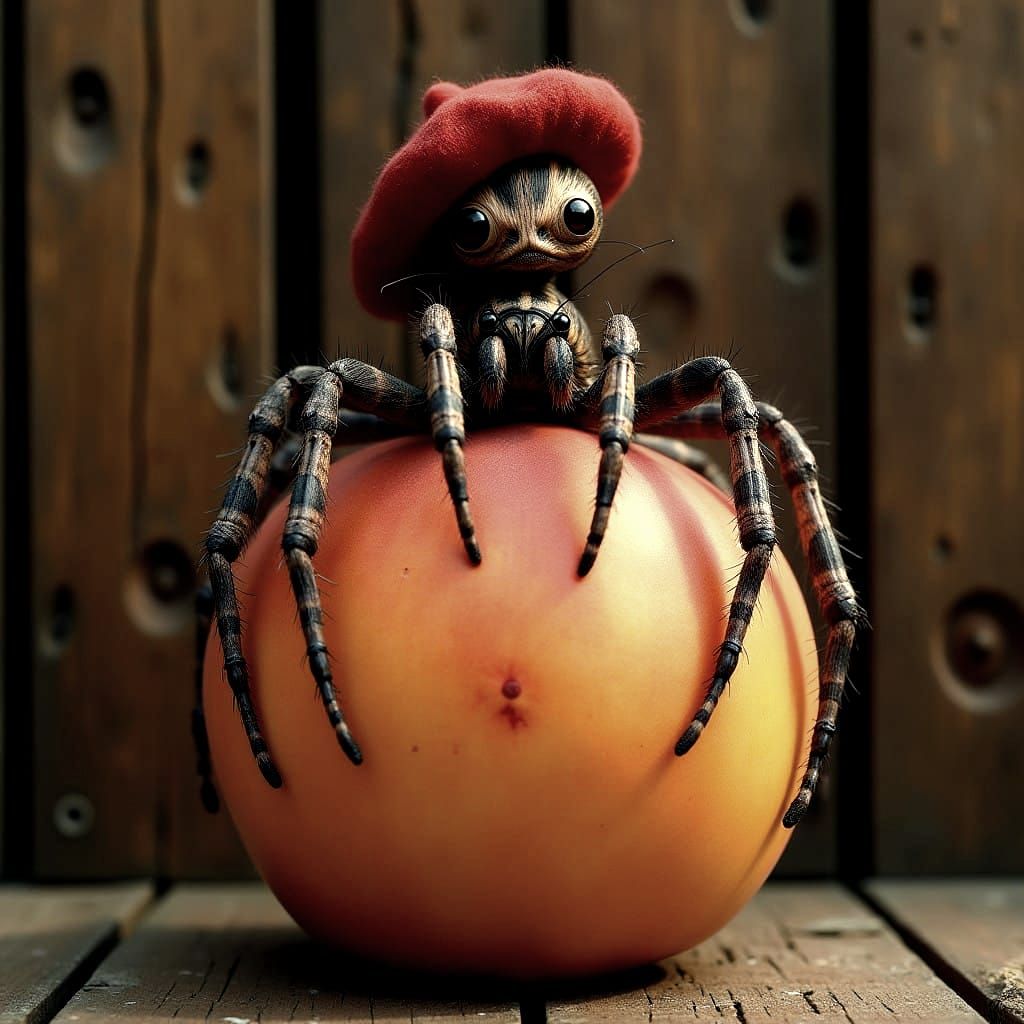 Steampunk Spider Sits on an Orange Peach