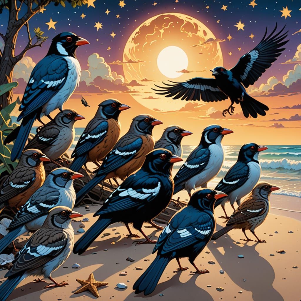 Magpies and Tarsiers Gather on Beach in Comic Art