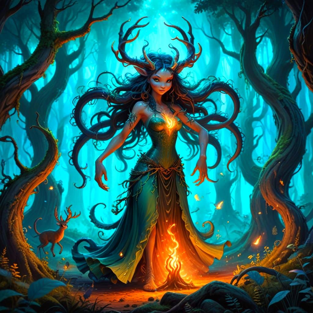 Mystical Creatures Dance in a Whimsical Forest