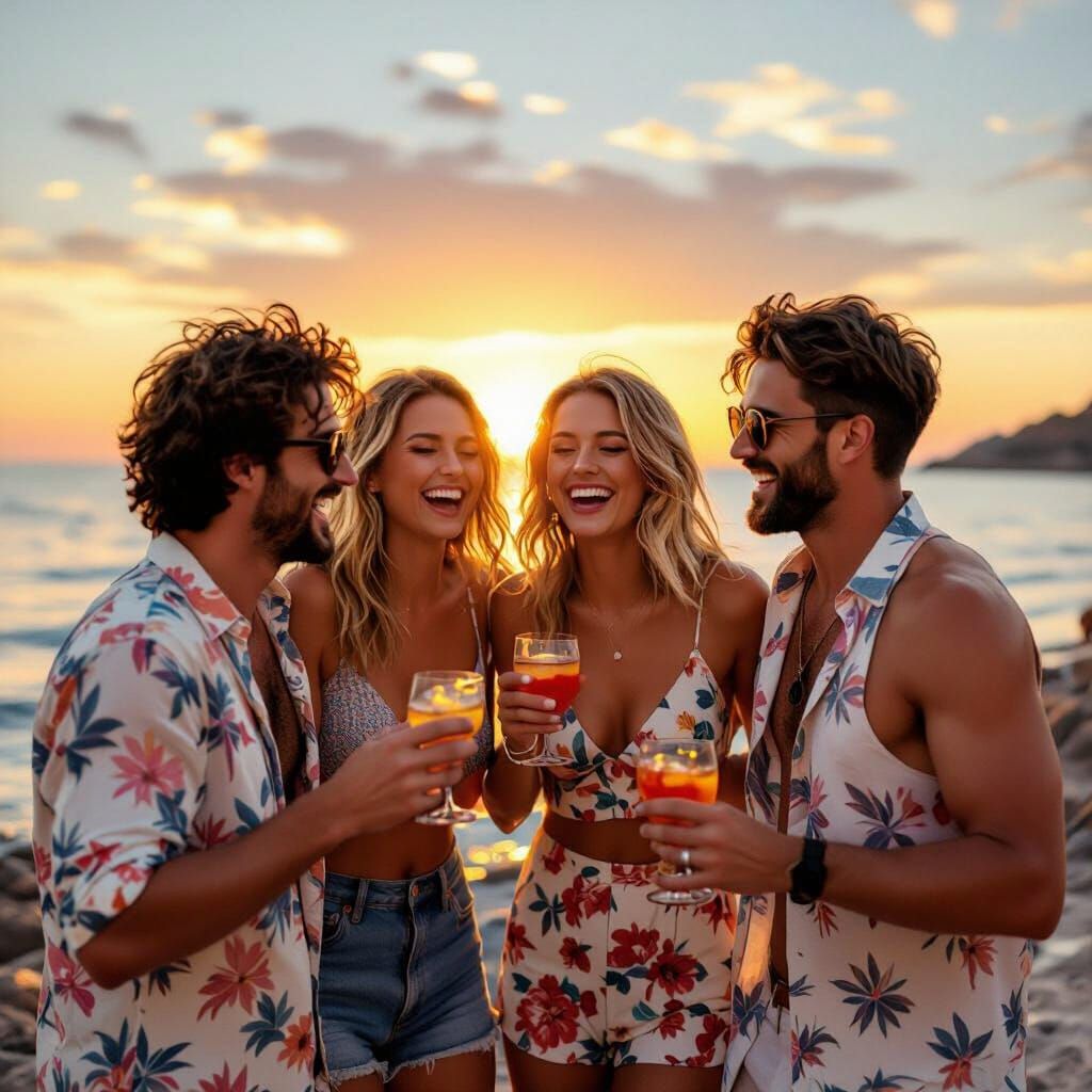 Friends Enjoying Seaside Cocktails in Impressionist Style