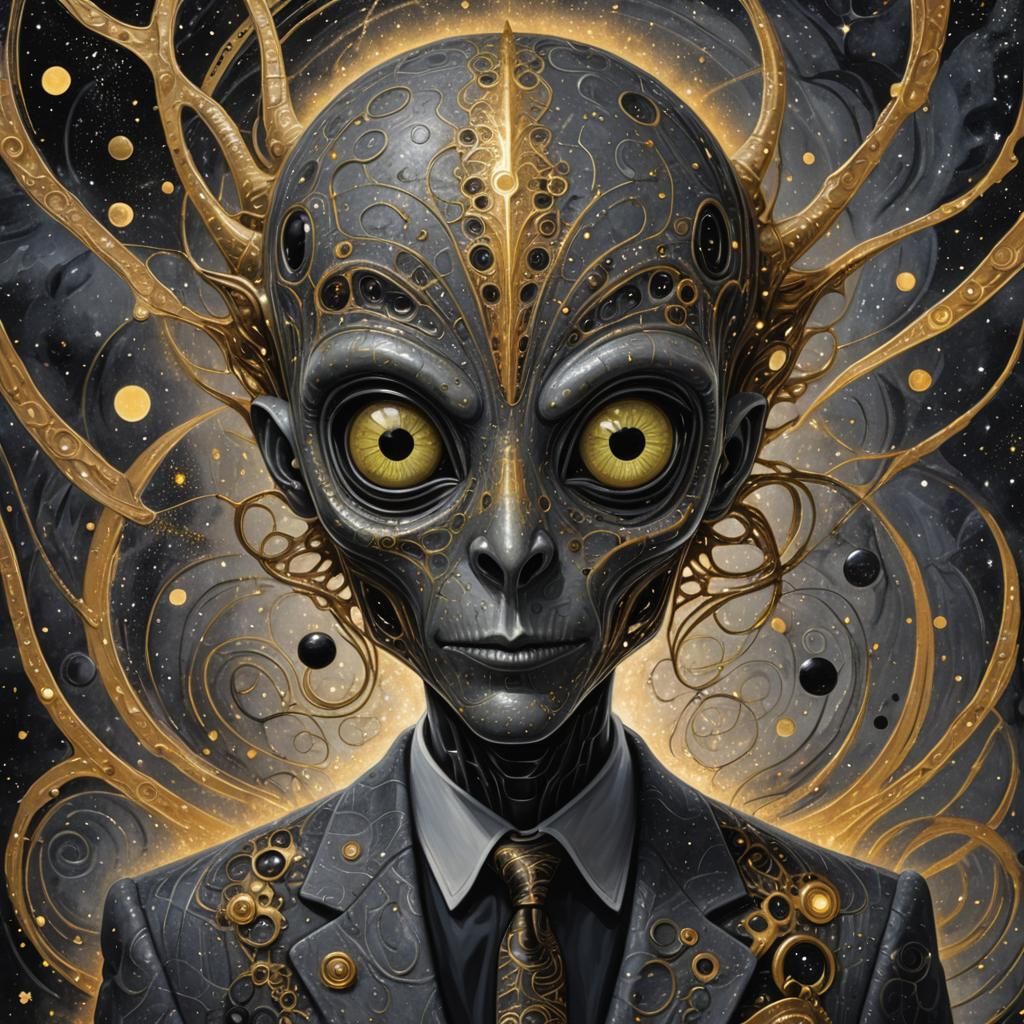 Alien Gazing at Star Vortex in Surreal Mixed Media