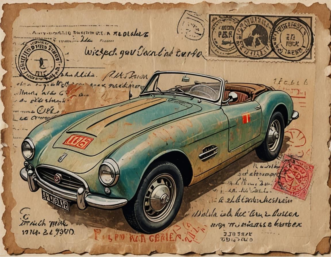 Vintage Postcard Sports Car Mixed Media Artwork