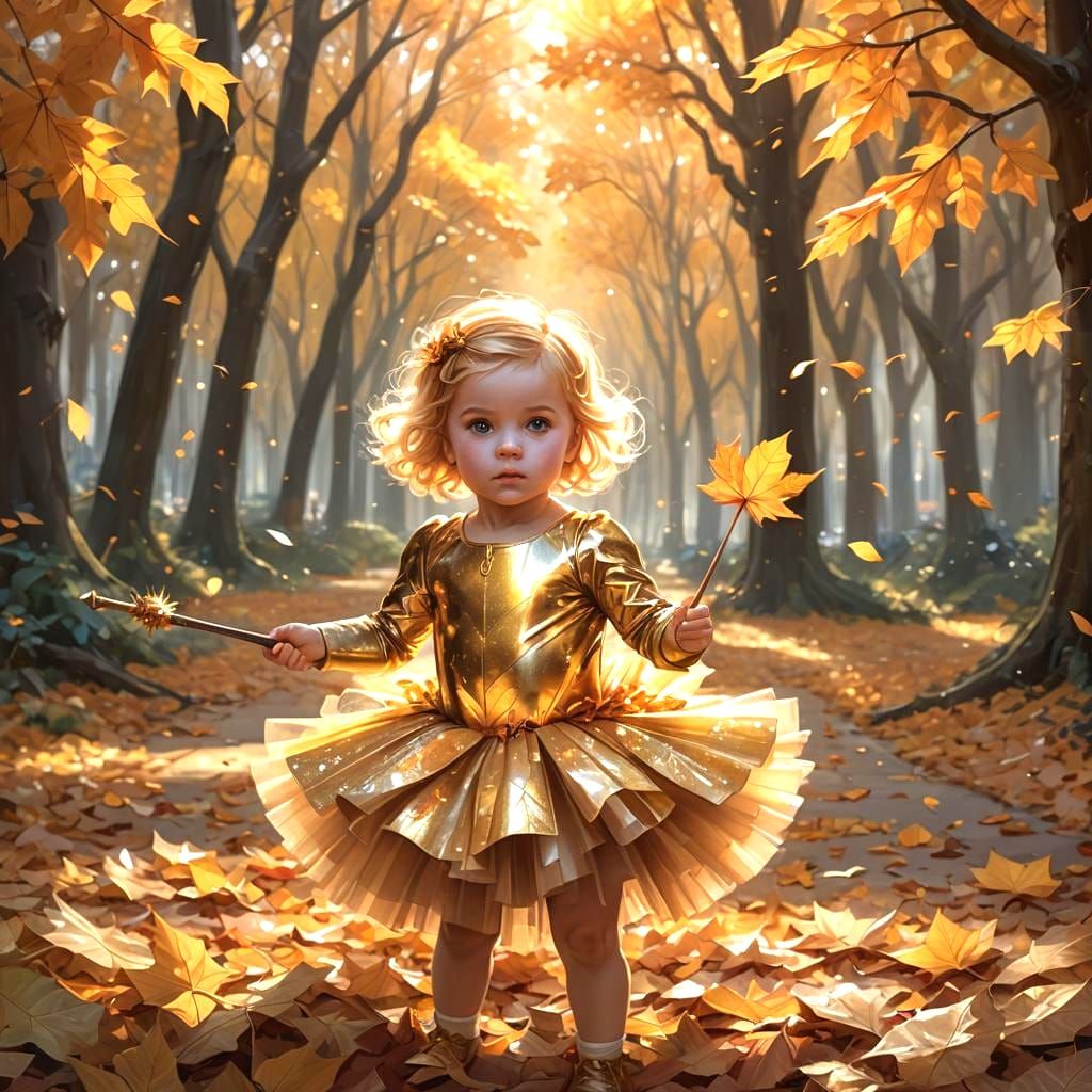 Cute British Girl with Wand in Autumn Leaves