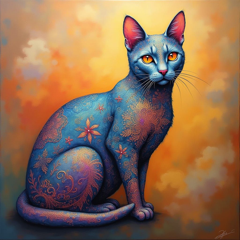 Iridescent Henna Cat in Surrealist Style