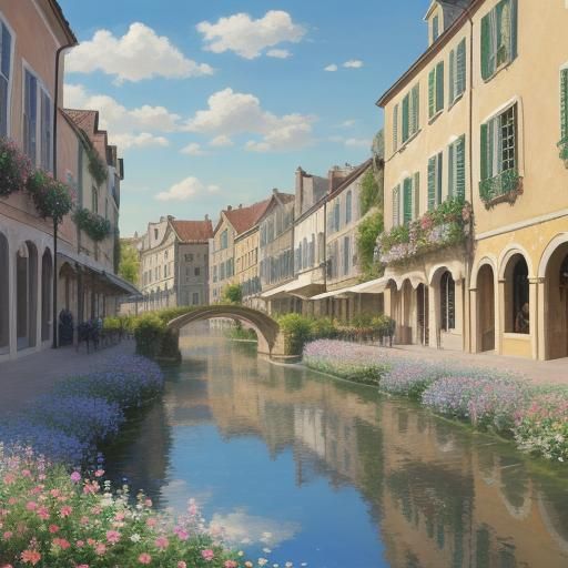 Charming Mime Offers Flower in Impressionistic Town Square