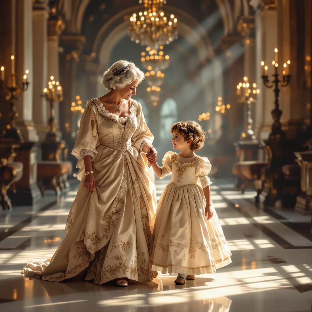 Boy in Ornate Gown with Grandmother in Candlelit Hall