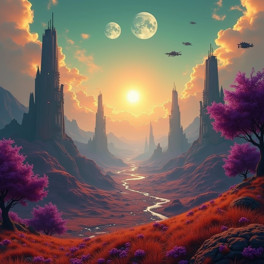 Ethereal Futuristic Utopia Under Triple Sunset