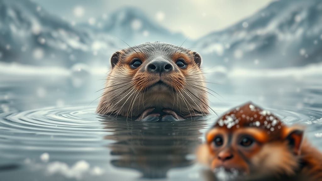 Surreal Otter Soaks in Winter Wonderland Hot Spring
