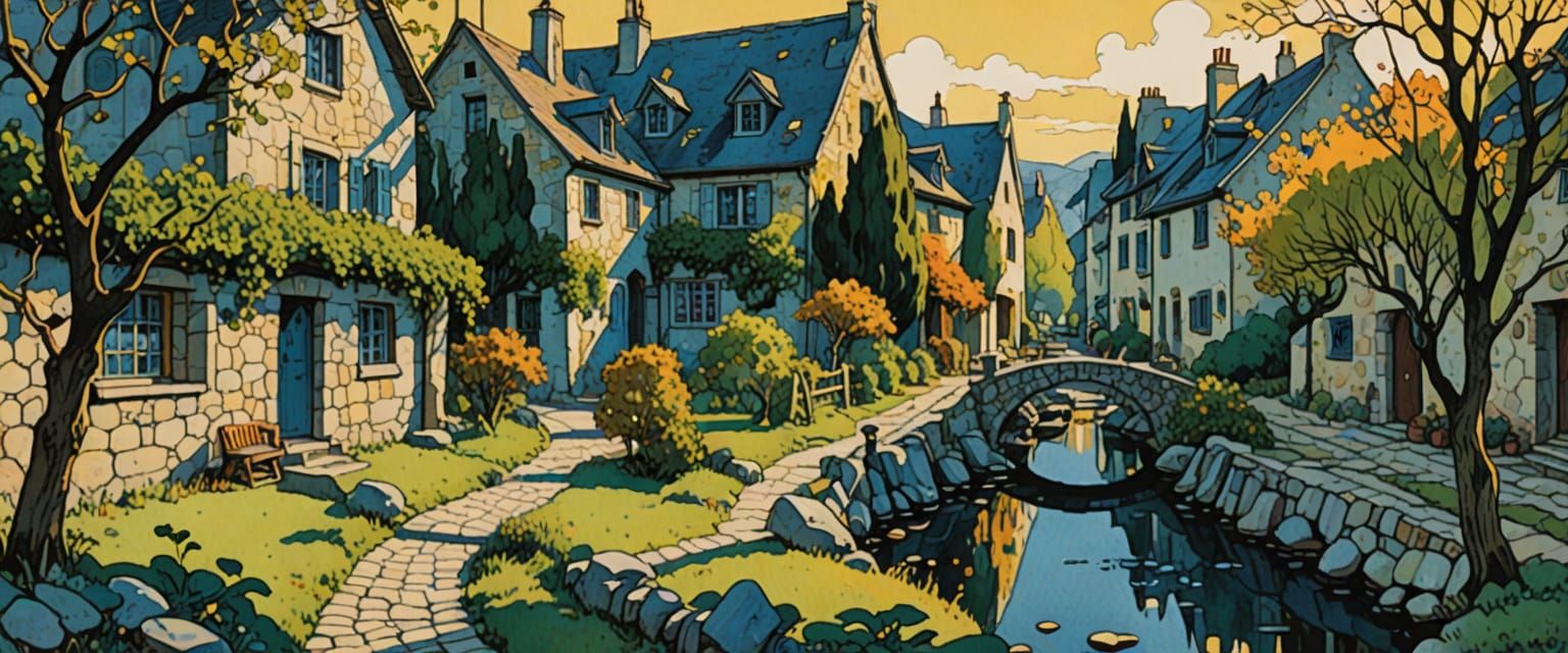 Charming Village in Comic Book Watercolor Style