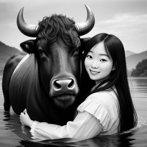 Korean Girl Embraces Water Buffalo: Vintage Photography