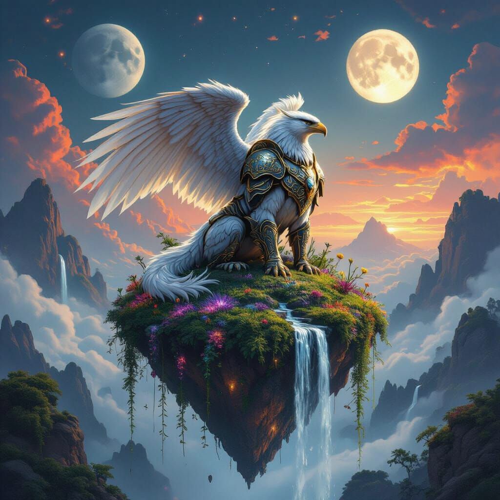 Armored Griffin on Floating Island with Twin Moons