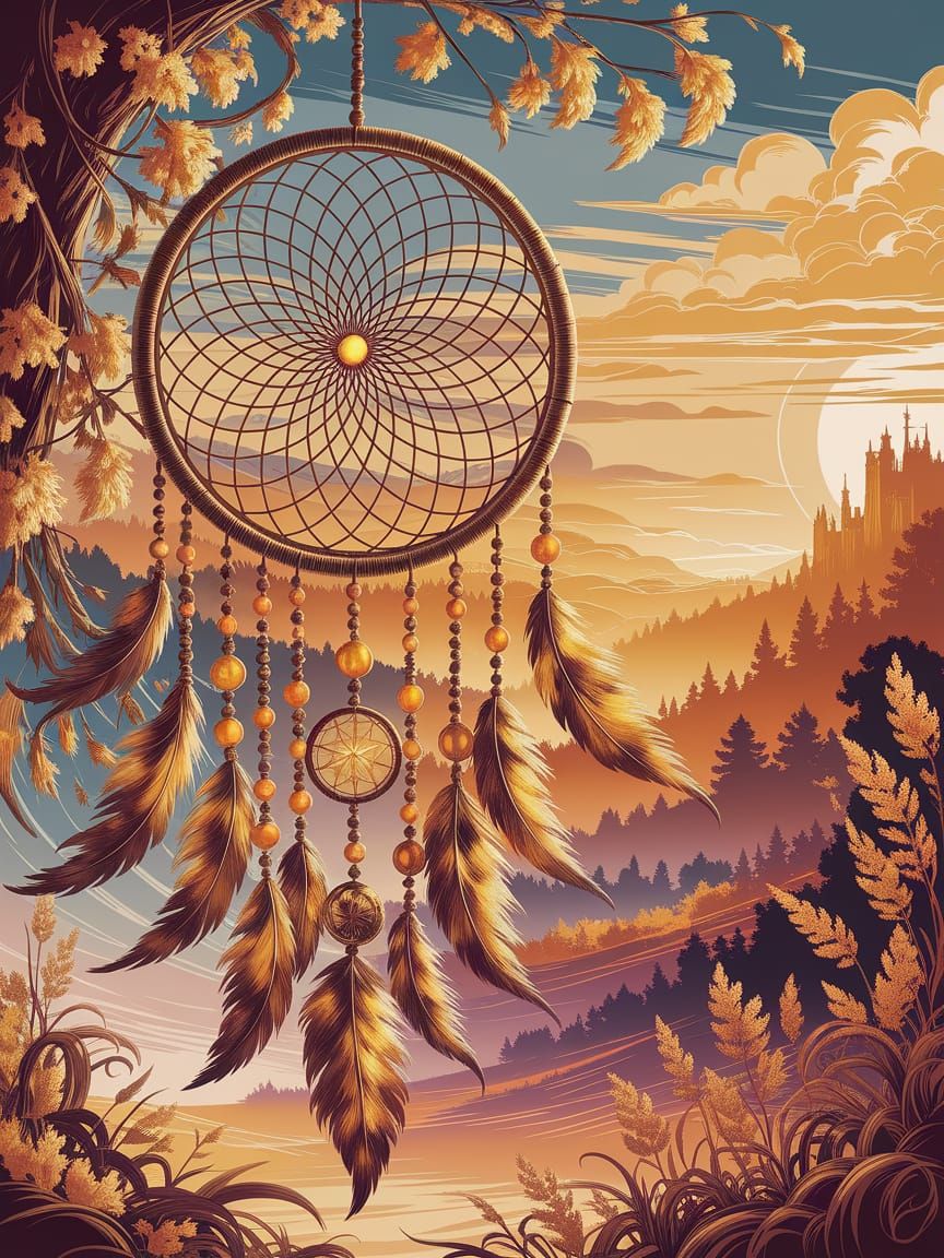 Dreamcatcher with Amber Beads in Art Nouveau Style