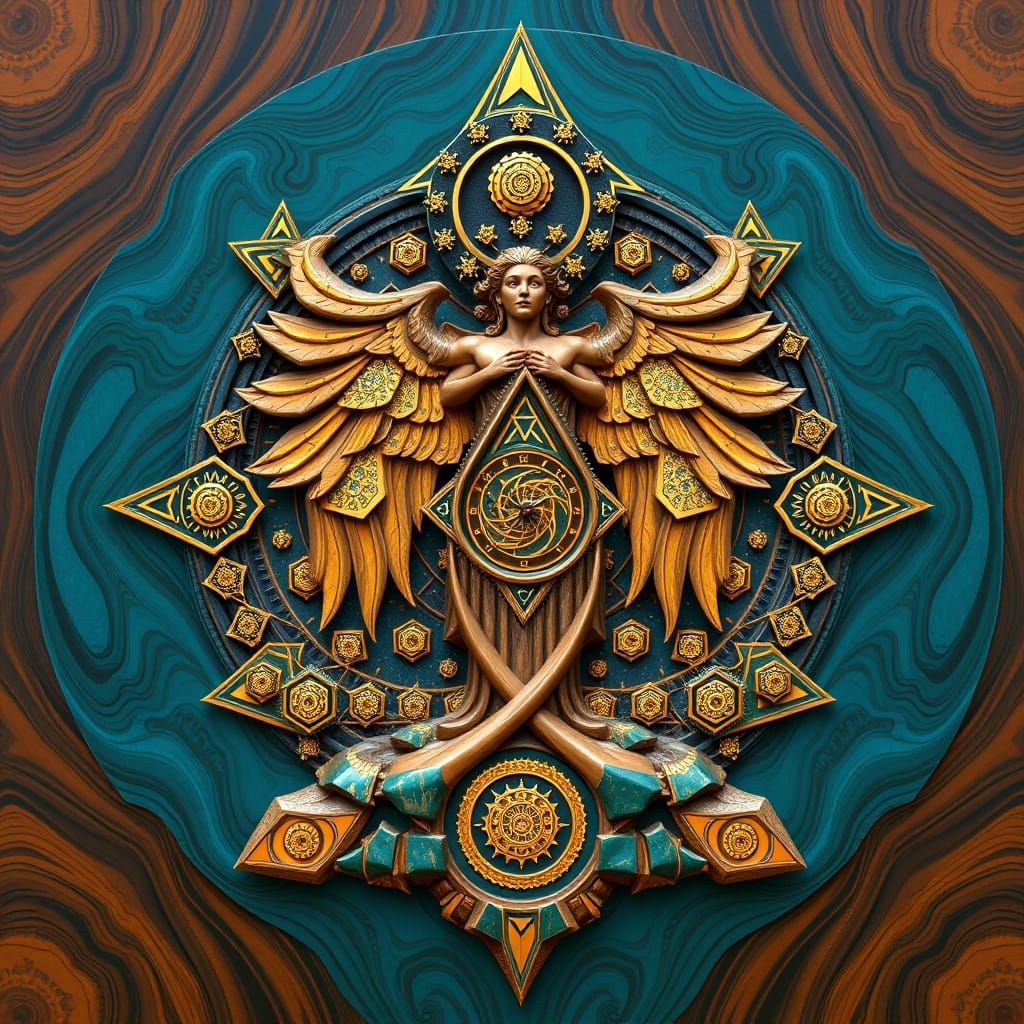 Ornate 3D Carving of Seraphim and Ophanim in Wood and Gold