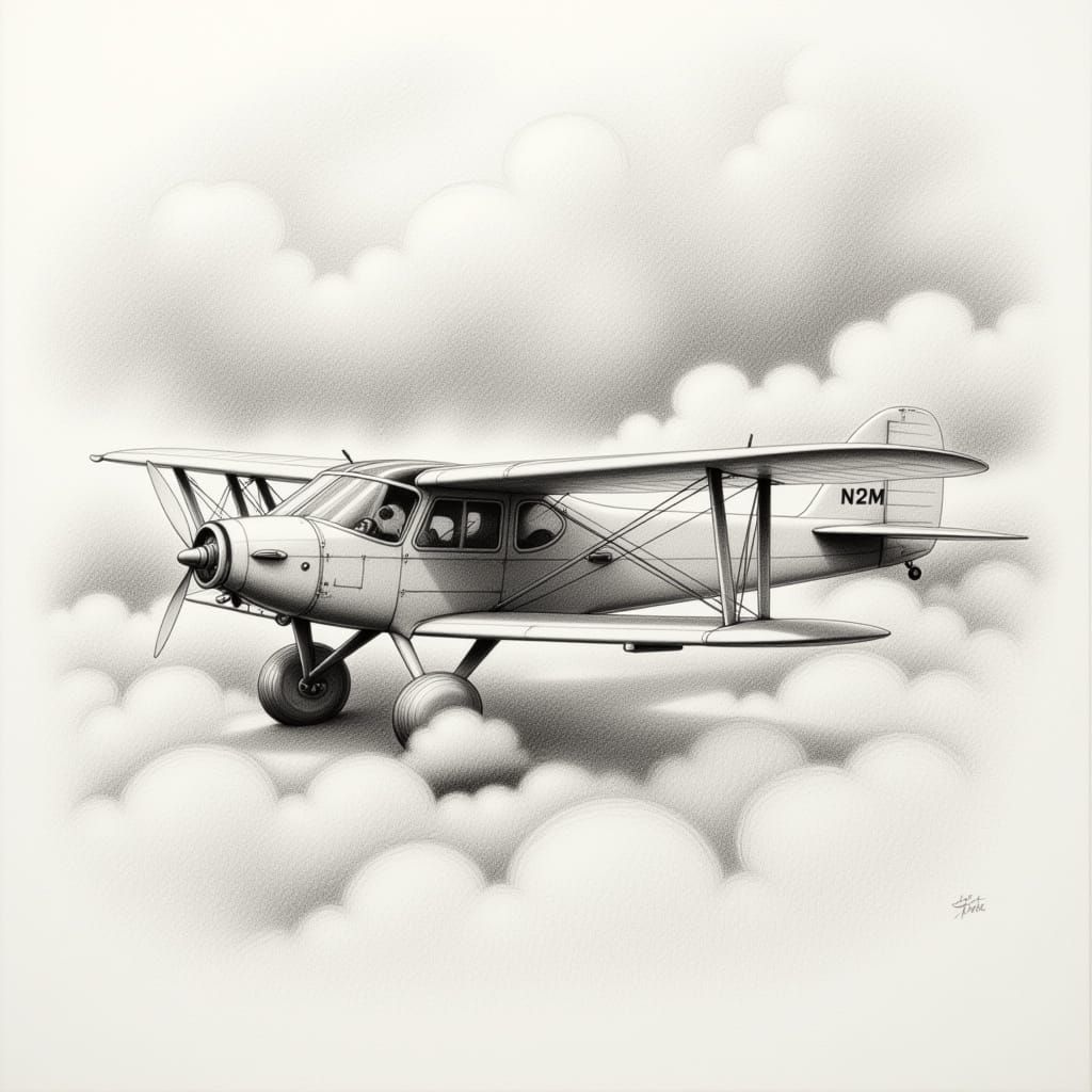 Vintage Biplane in Pencil and Charcoal Style