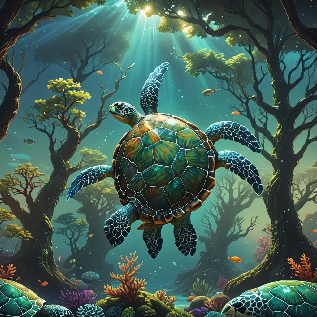 Giant Turtle Island in Dreamlike Ocean, Anime Style
