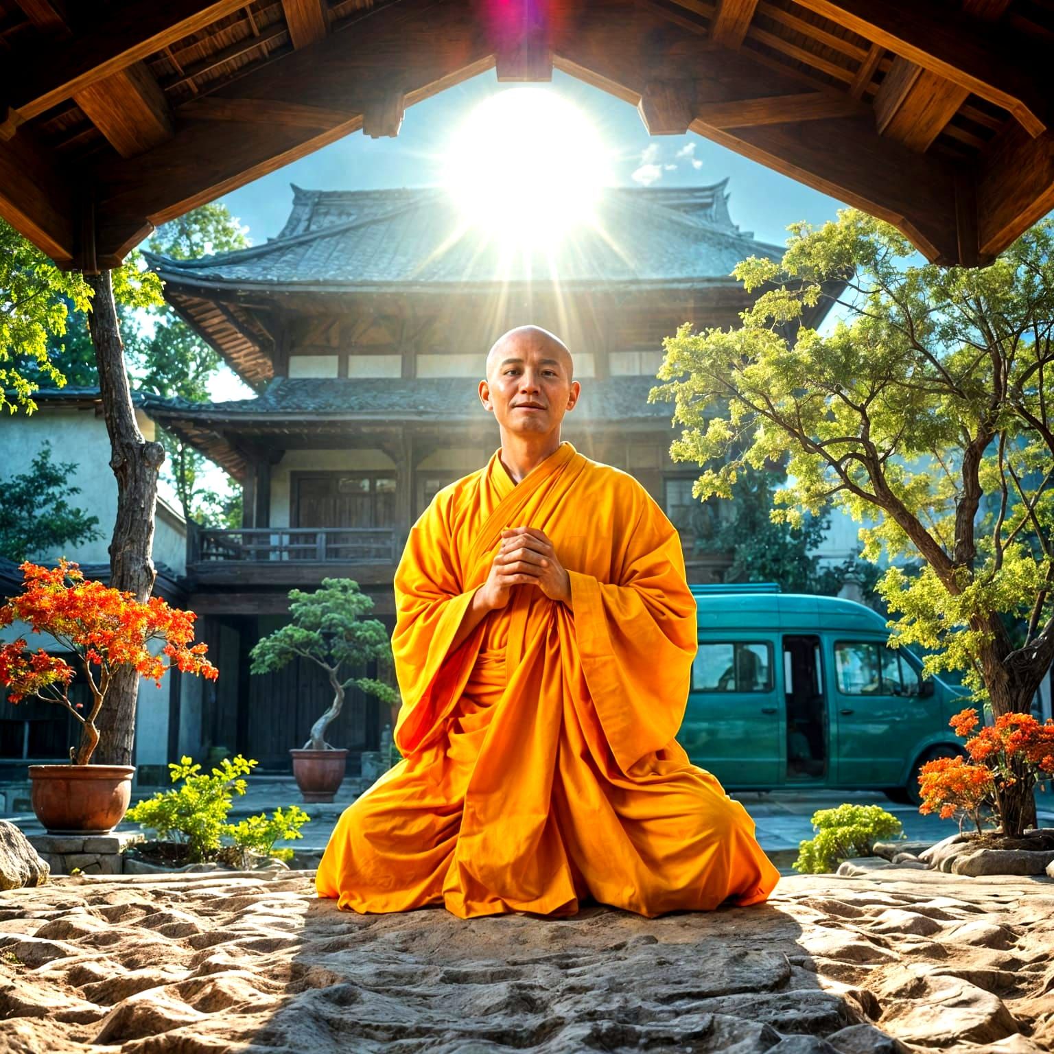 Zen Monk Meditating Under Full Moon in Ethereal Garden