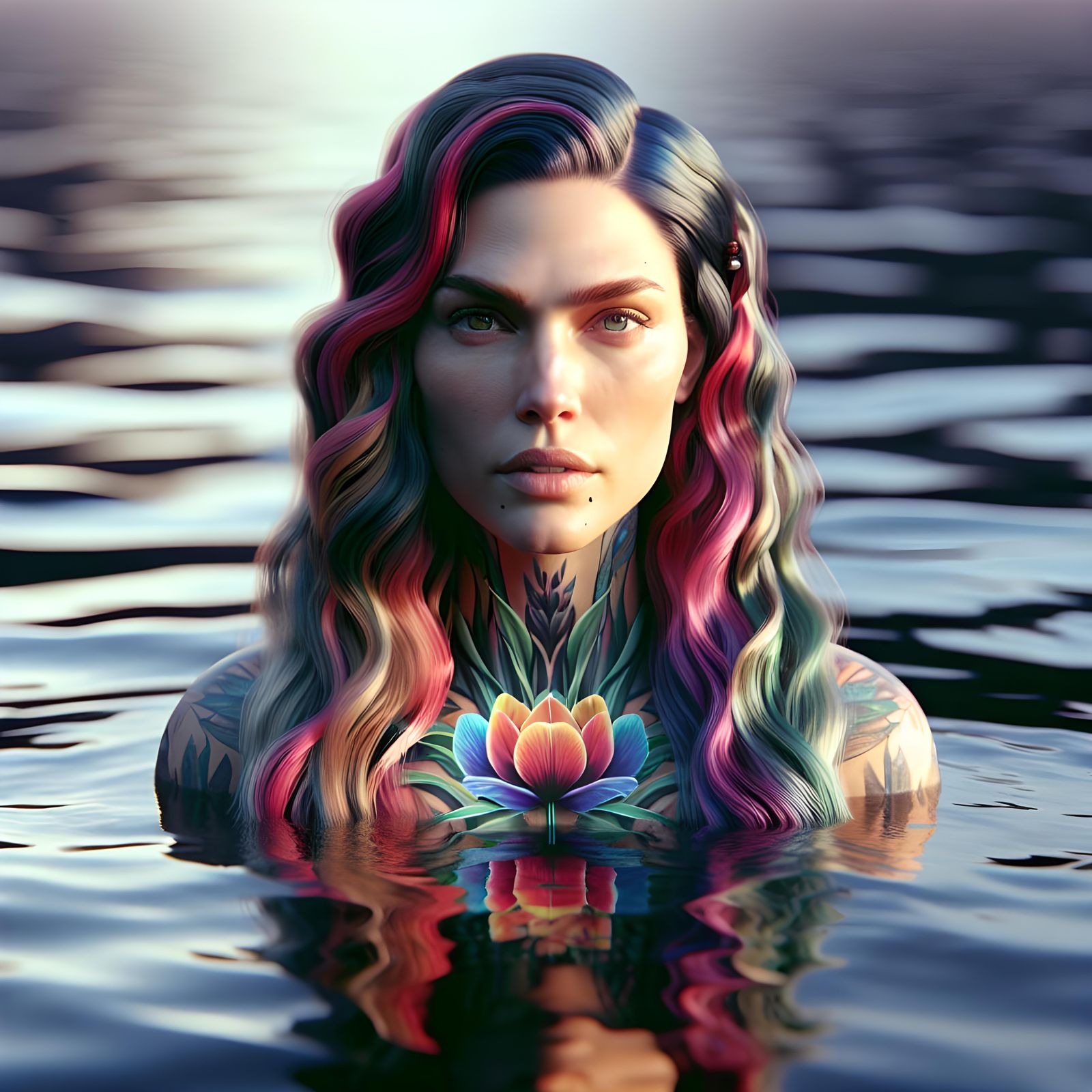 Hyper-Realistic Woman with Rainbow Tulip Tattoo in 3D