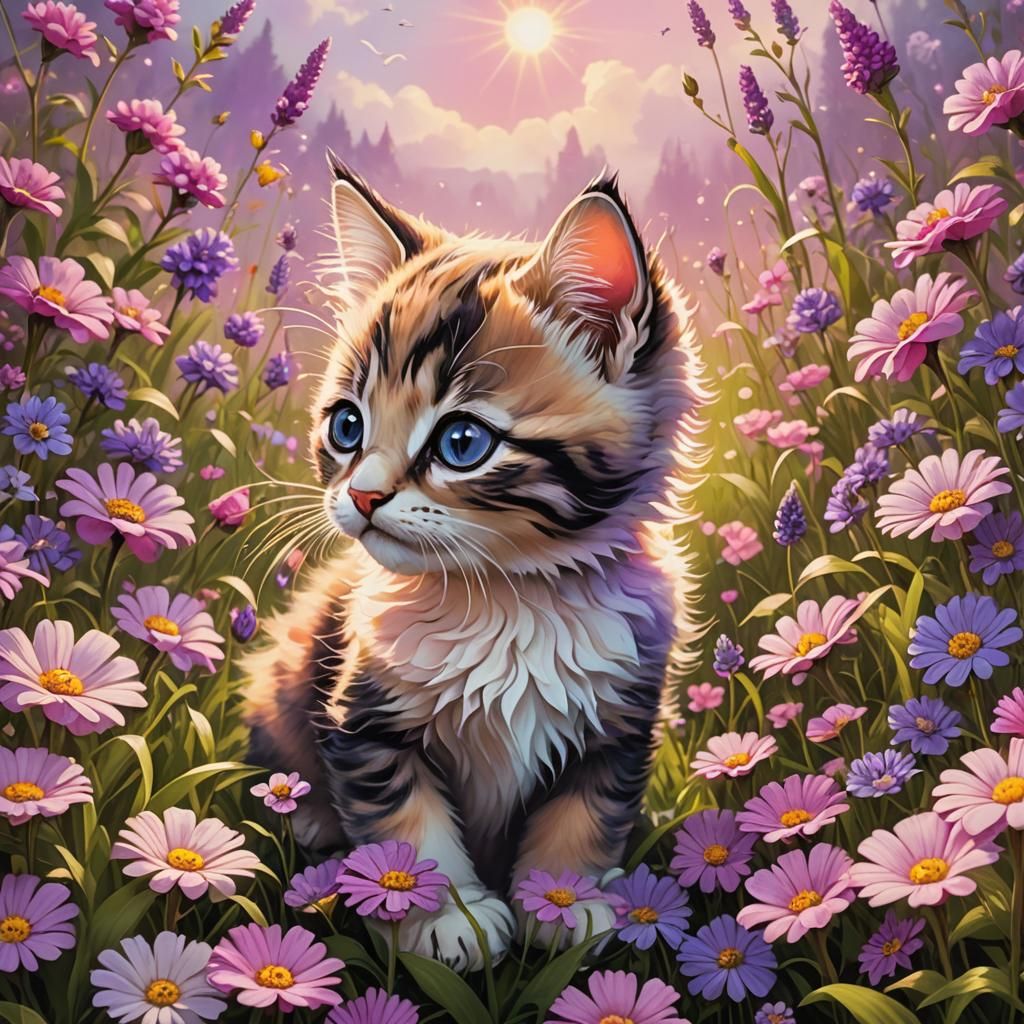 Animated Kitten in Whimsical Floral Meadow