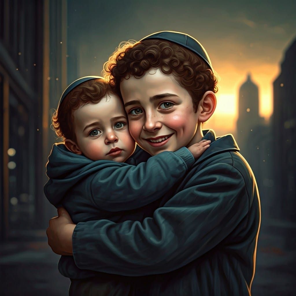 Joyful Haredi Hasidic Boy Hugs Baby Brother in Gouache Water...