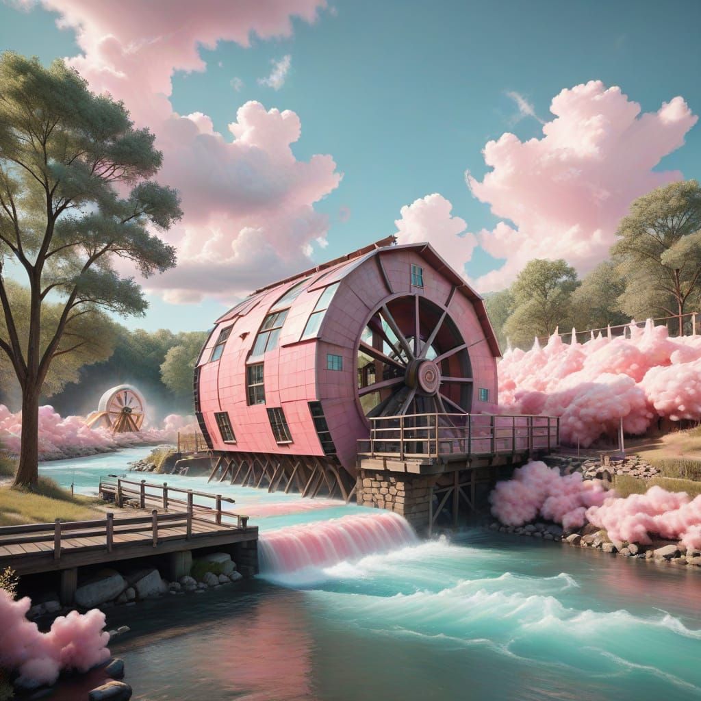 Retrofuturistic Pink Lemonade Water Wheel in Whimsical Lands...