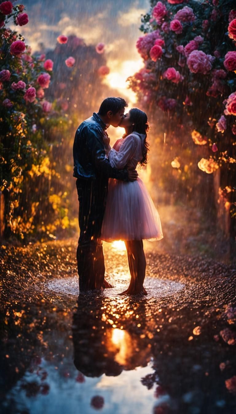 Passionate Kiss in Rainy Garden: Cinematic Long Exposure