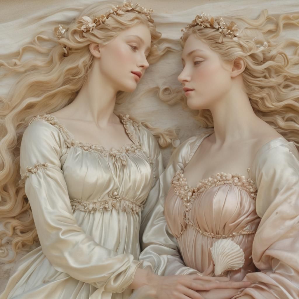 Surreal Goddesses Bask in Golden Hour on Serene Beach