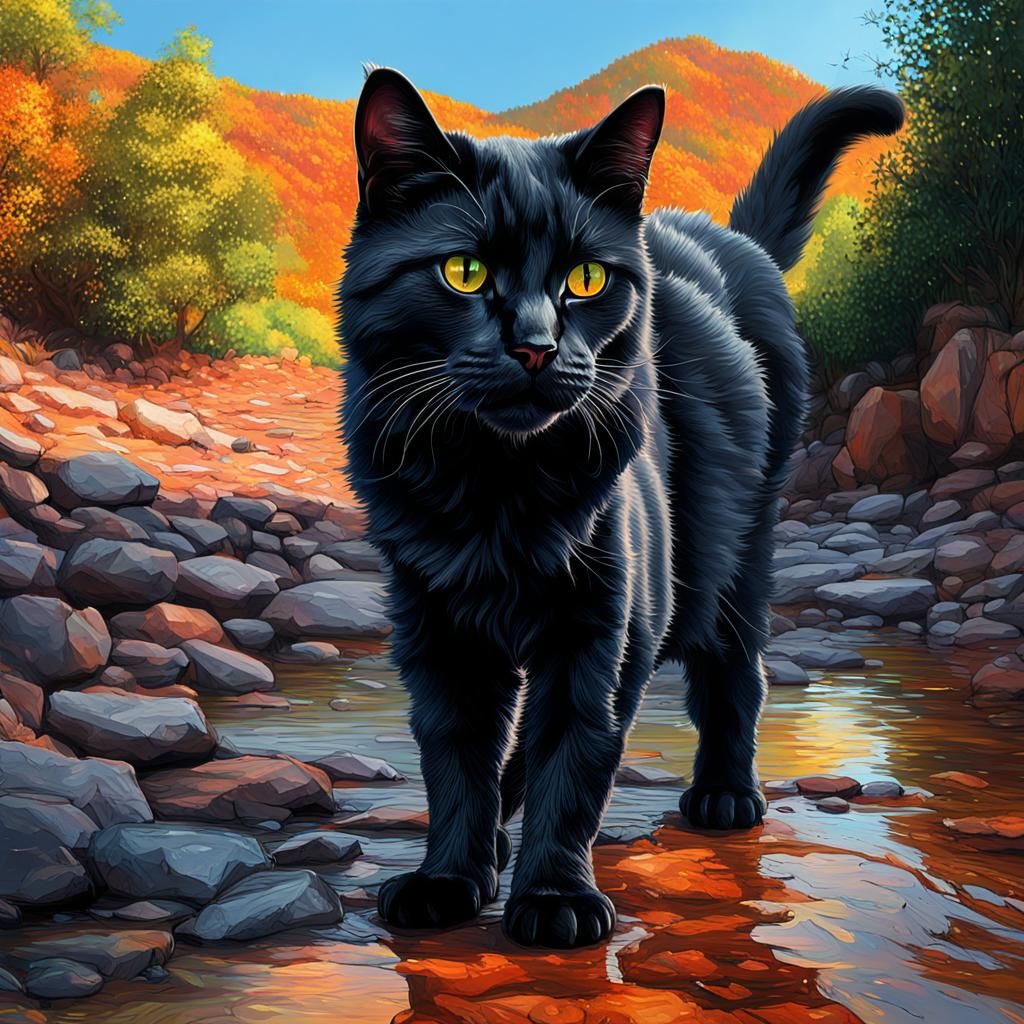 Hyperrealistic Pixel Cat in Colorful Landscape