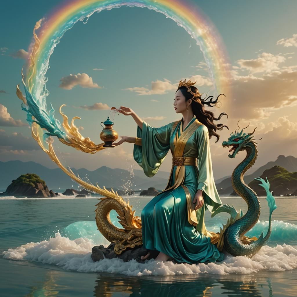 Quan Yin on Teal Ocean with Serpent Dragon