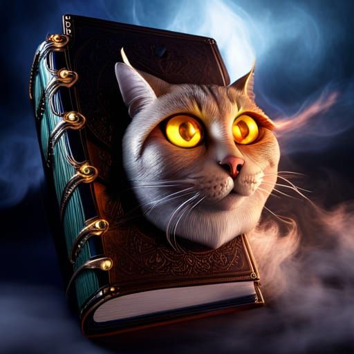 Floating Magic Book with Metal Cat Head in 3D