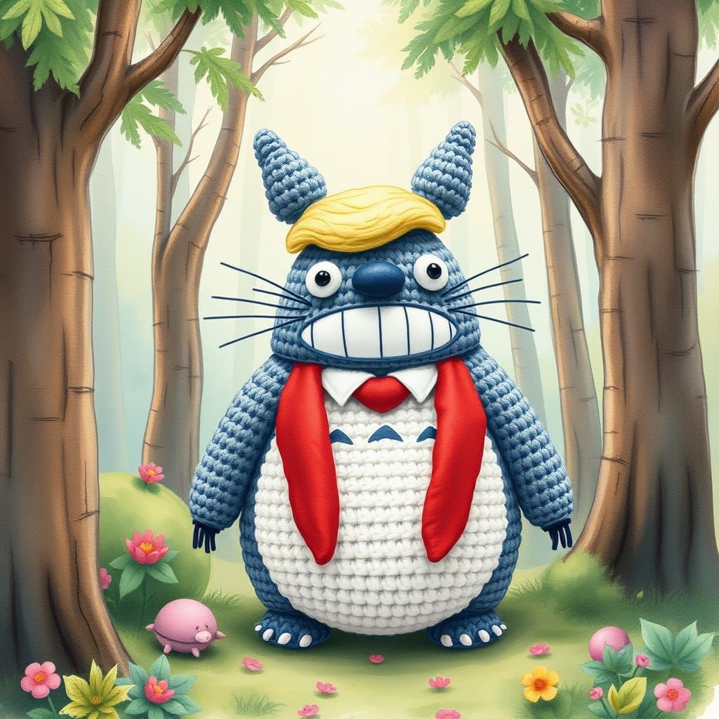 Amigurumi Trump Totoro in Whimsical Watercolor Forest