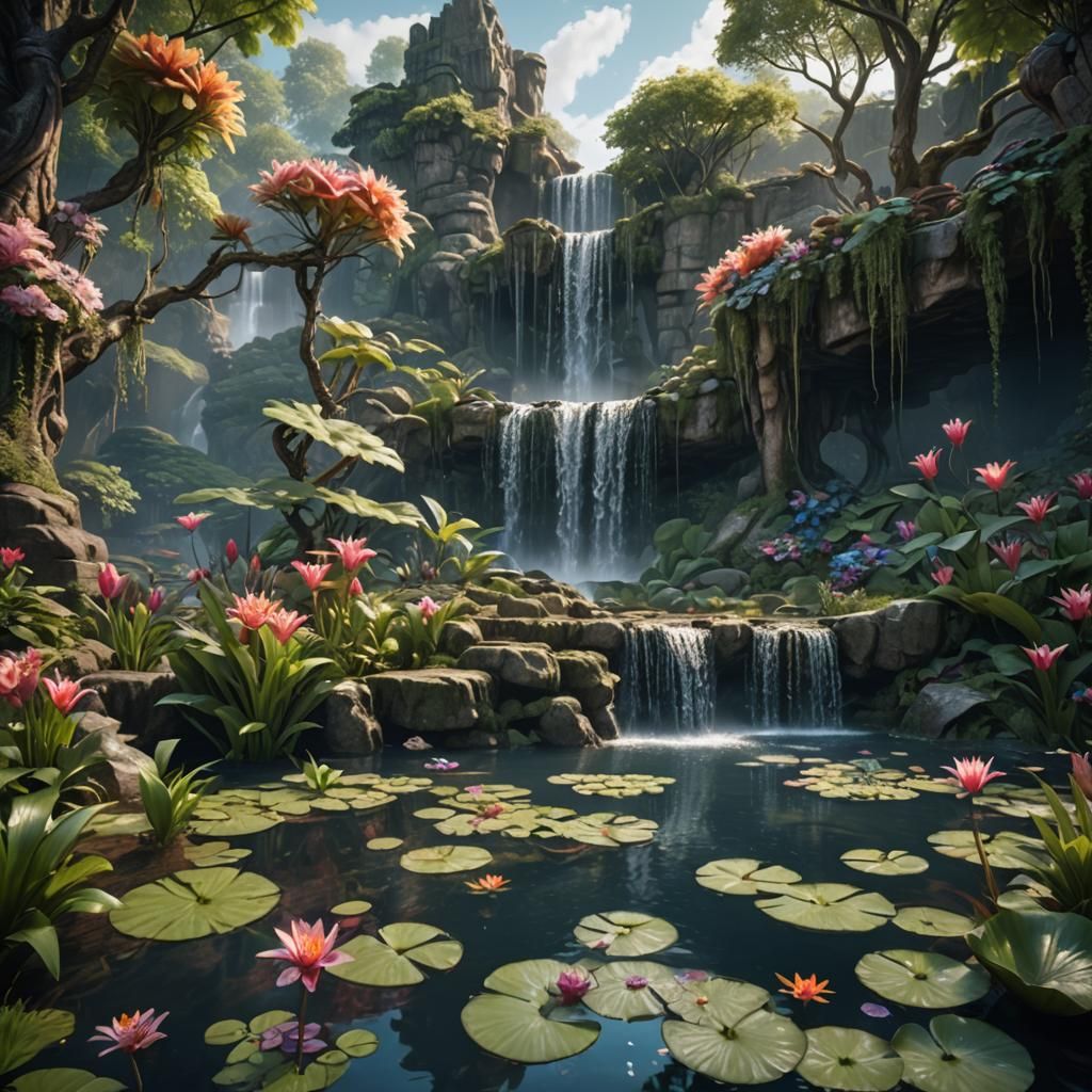 Mystic Waterfall Lily Pond: Detailed Matte Painting