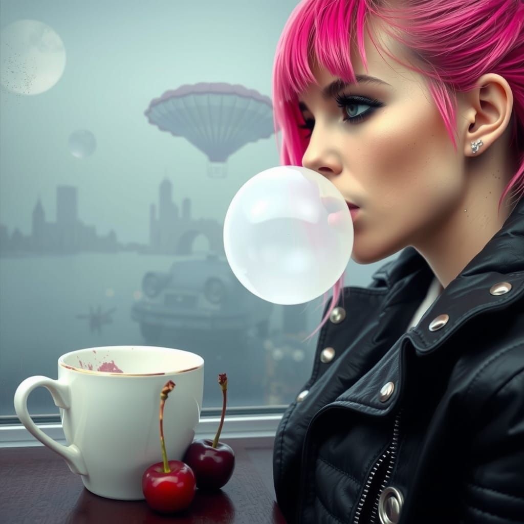 Surrealist Punk Girl Blows a Pink Bubblegum Bubble