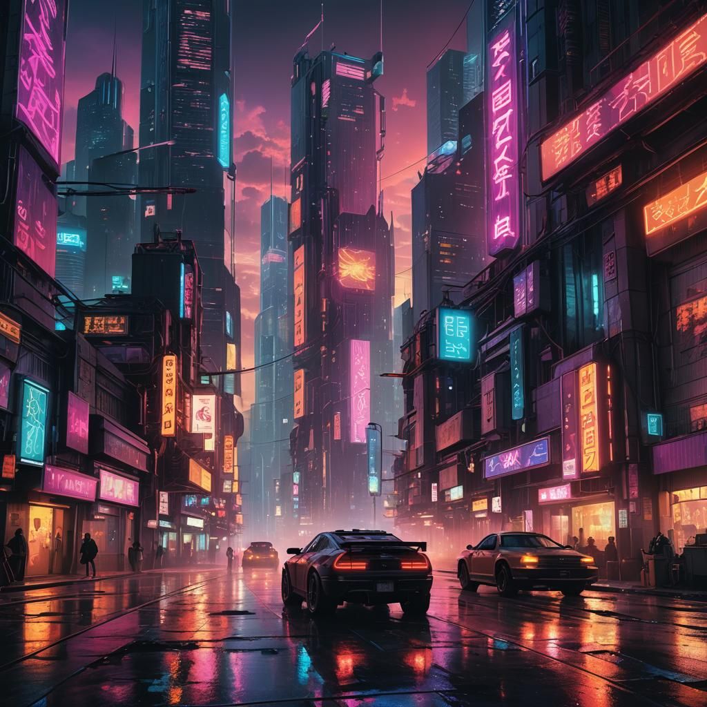 Cyberpunk Cityscape with Neon Sunset, Digital Art