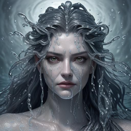 "Realistic portrayal of Medusa emerging from water. Medusa's...