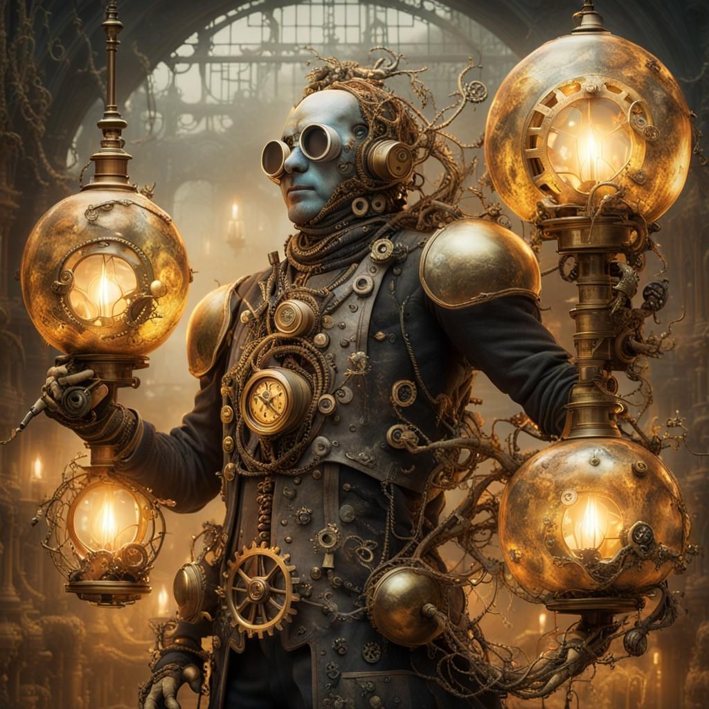 Steampunk Mystical Figure with Gourds in Ethereal Mist