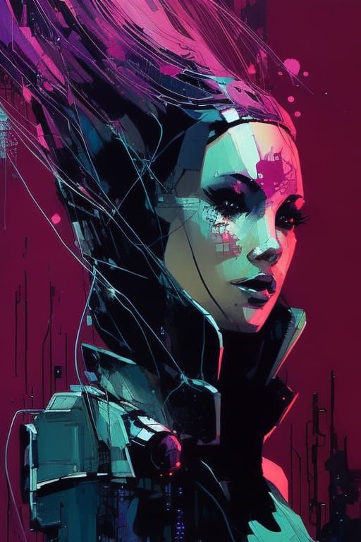 Cartoon Cyberpunk Woman Portrait in Tech Style
