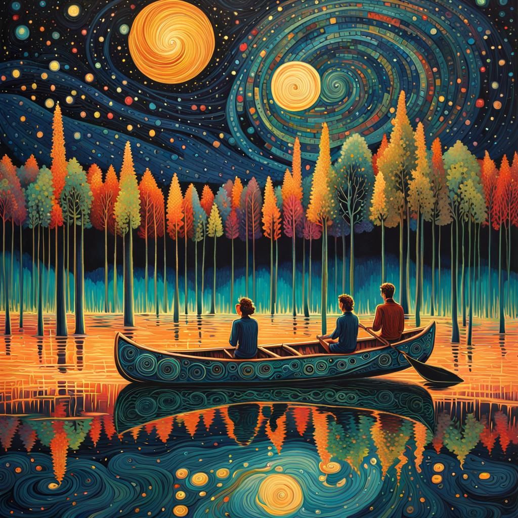 Bioluminescent Lake Canoe Scene Inspired by Jannson
