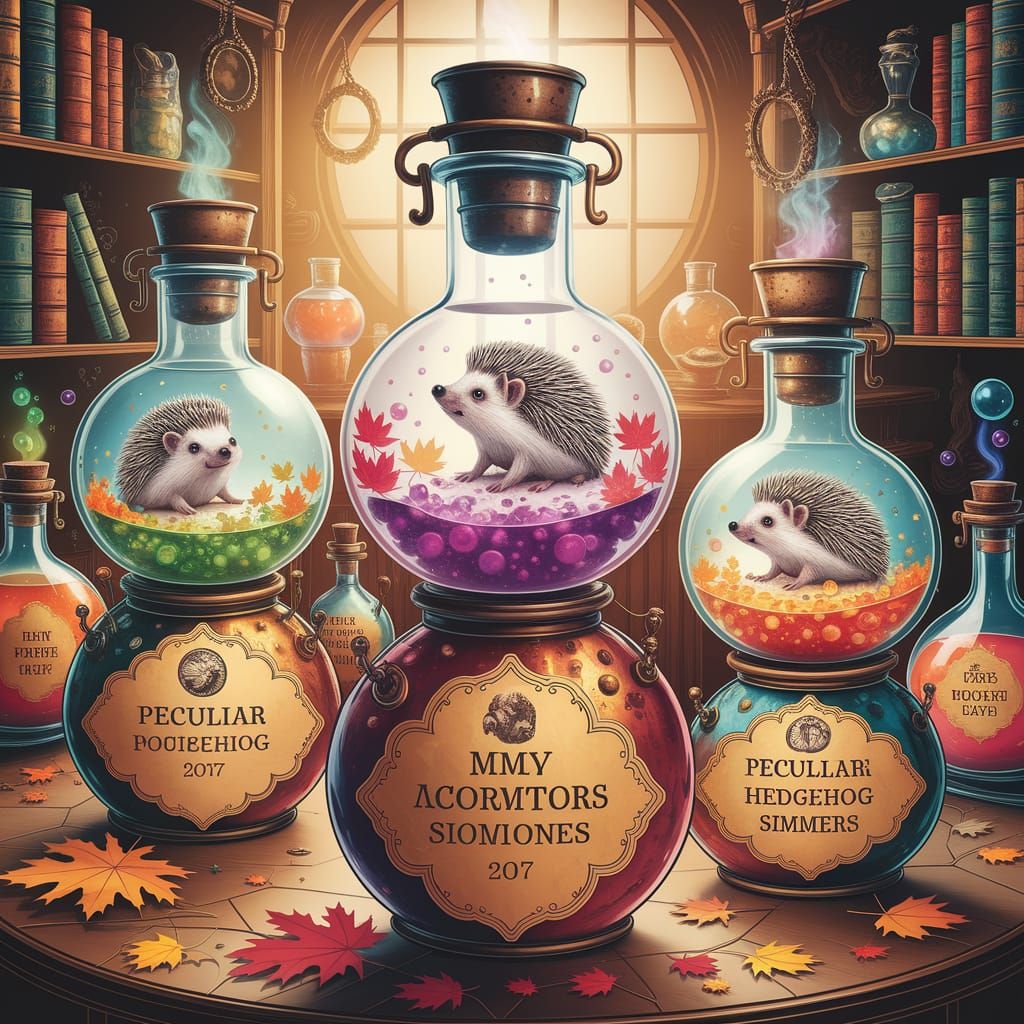 Whimsical Alchemical Potions with Floating Hedgehogs in Autu...