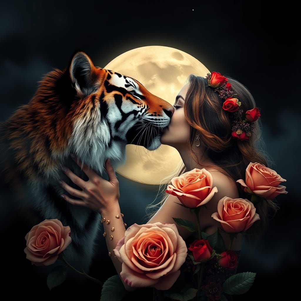 Tiger Kisses Wolf-Woman in Moonlit Rose Garden